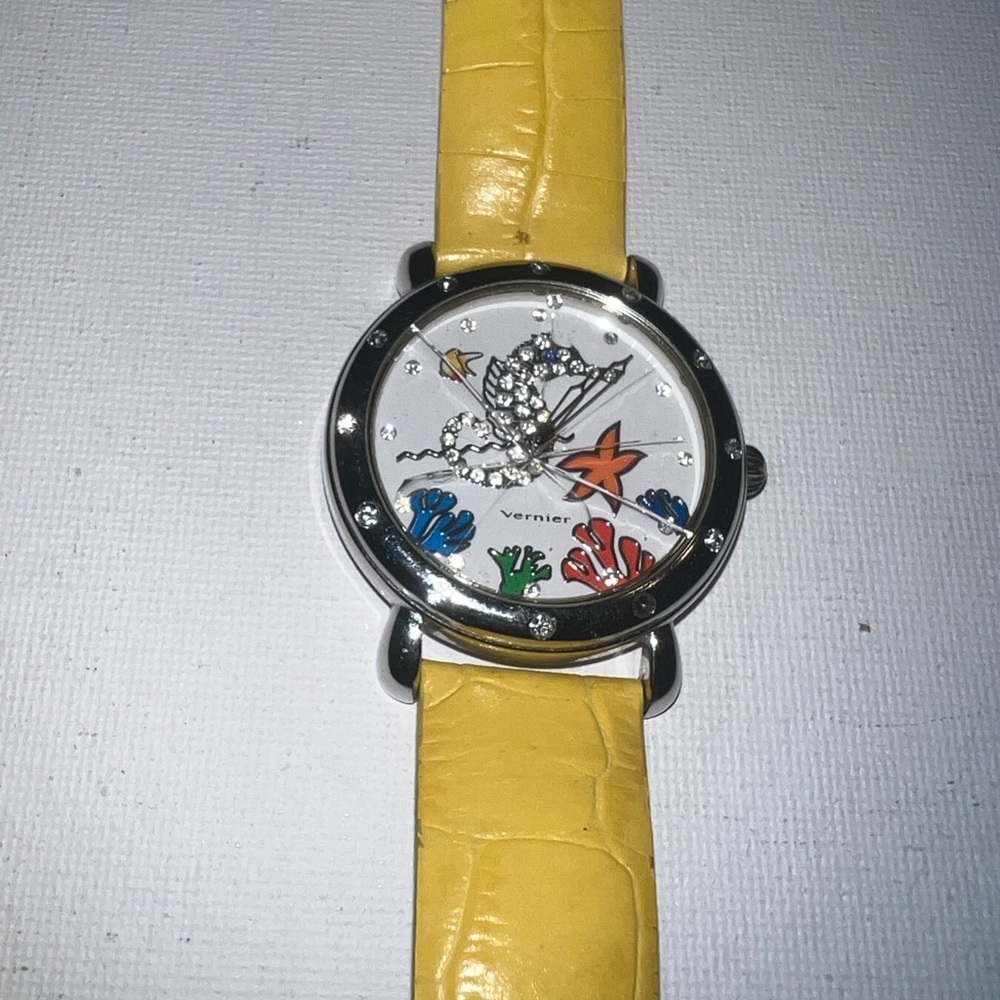 Vernier Womens Yellow Croc Embossed Leather Band‎ Rhinestone Nautical Watch